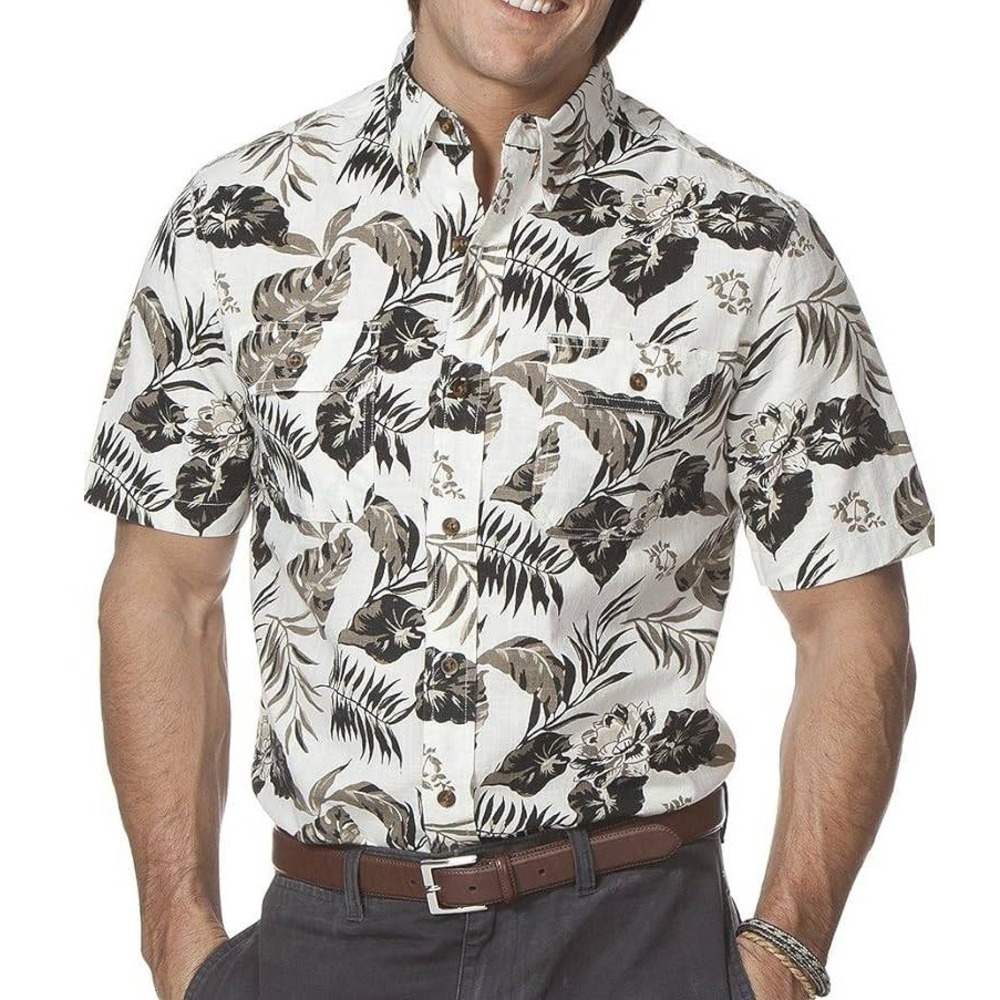 Chaps Men White Brown Palm Leaf Floral 100% Cotton Button Up Casual Shirt Size L